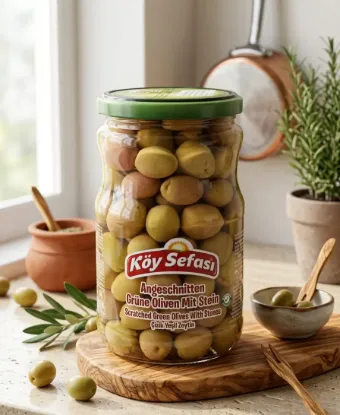 Bild von Köy Sefası Angeschnittene Grüne Oliven mit Stein 400 g (Bruttogewicht 700 g)