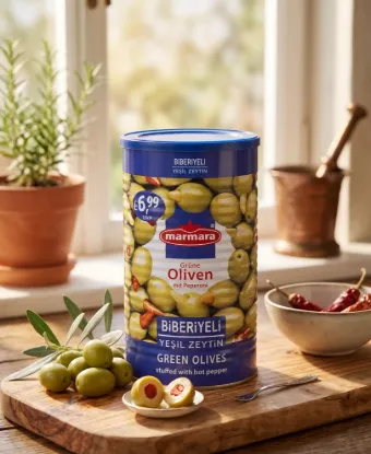 Bild von Marmara Grüne Oliven mit Peperoni 720 g (Abtropfgewicht)
